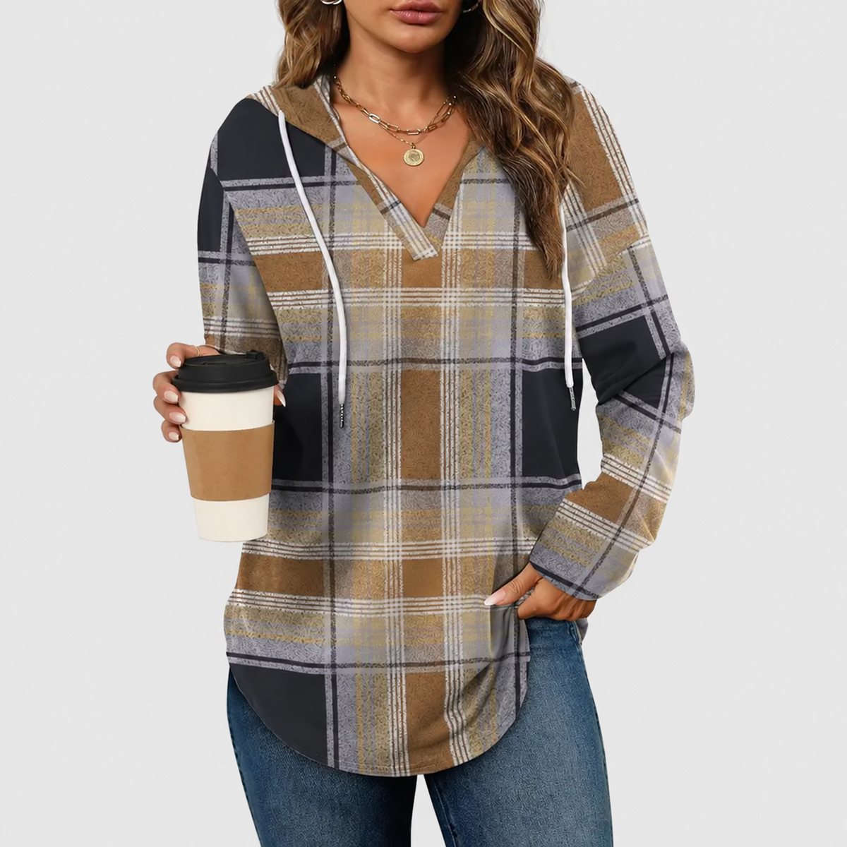 Relaxed V-Neck High-Low Tunic Hoodie