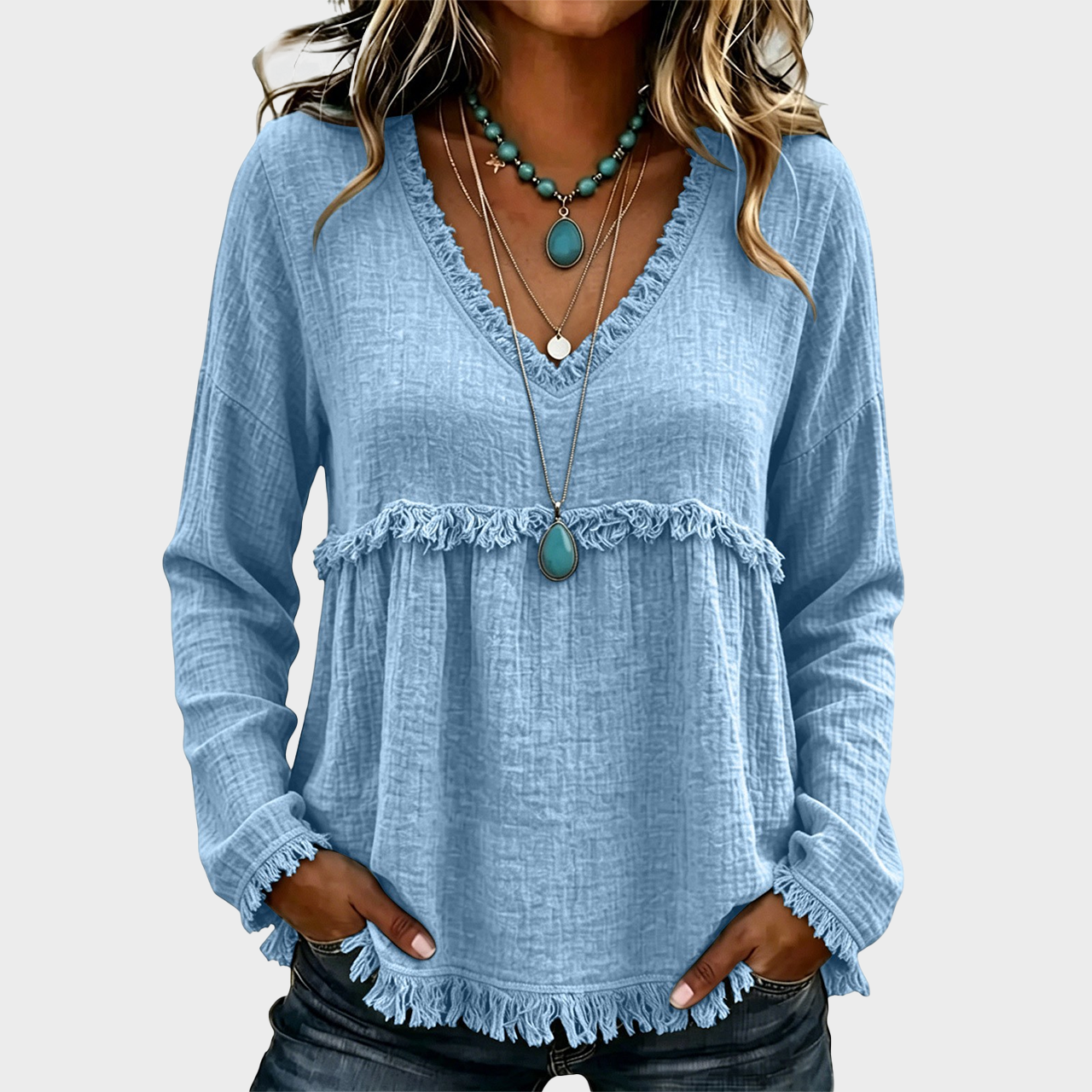 Women’s Boho V Neck Long Sleeve Fringe Top