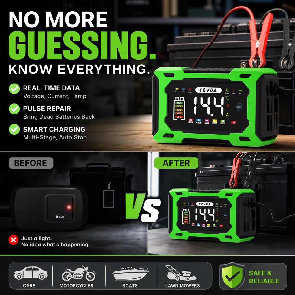 ⏳⏳Time-Limited Special⏰12V 6A Smart Car Battery Charger – Pulse Repair Technology, Auto Maintain & Desulfation