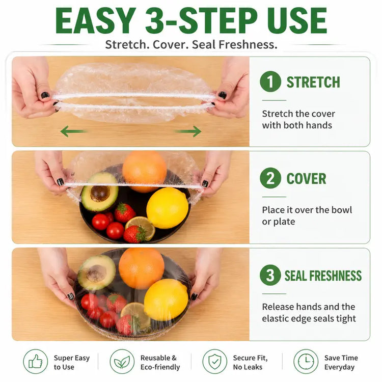 Easy 3-step stretch food cover use