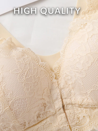6 Pcs Women's Contrast Lace Front Hook Push-Up Bralettes - Wireless, Soft Breathable Fabric, V-Neck, Feminine Simple Basic Overall Comfort Undergarment for Everyday Wear