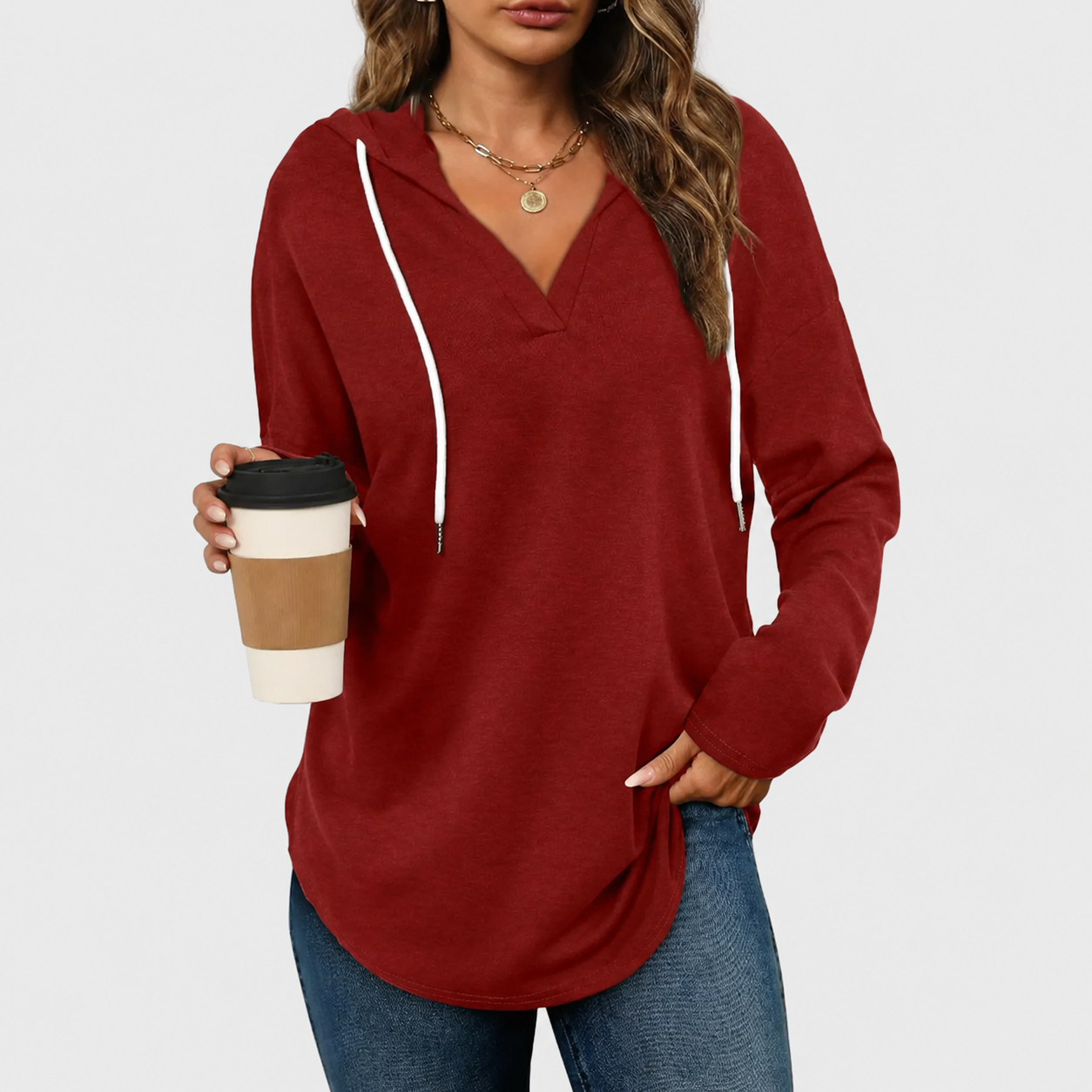 Relaxed V-Neck High-Low Tunic Hoodie