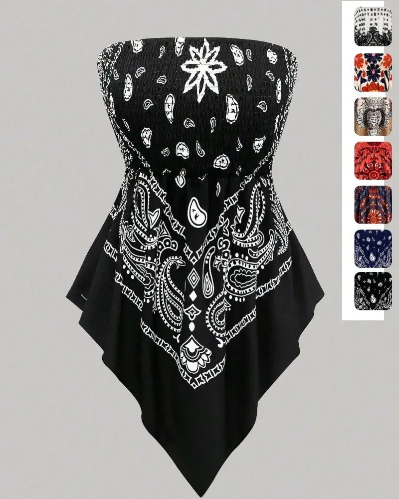 Boho Ethnic Print Tube Top Asym Hem