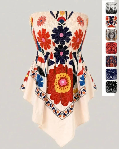 Boho Ethnic Print Tube Top Asym Hem