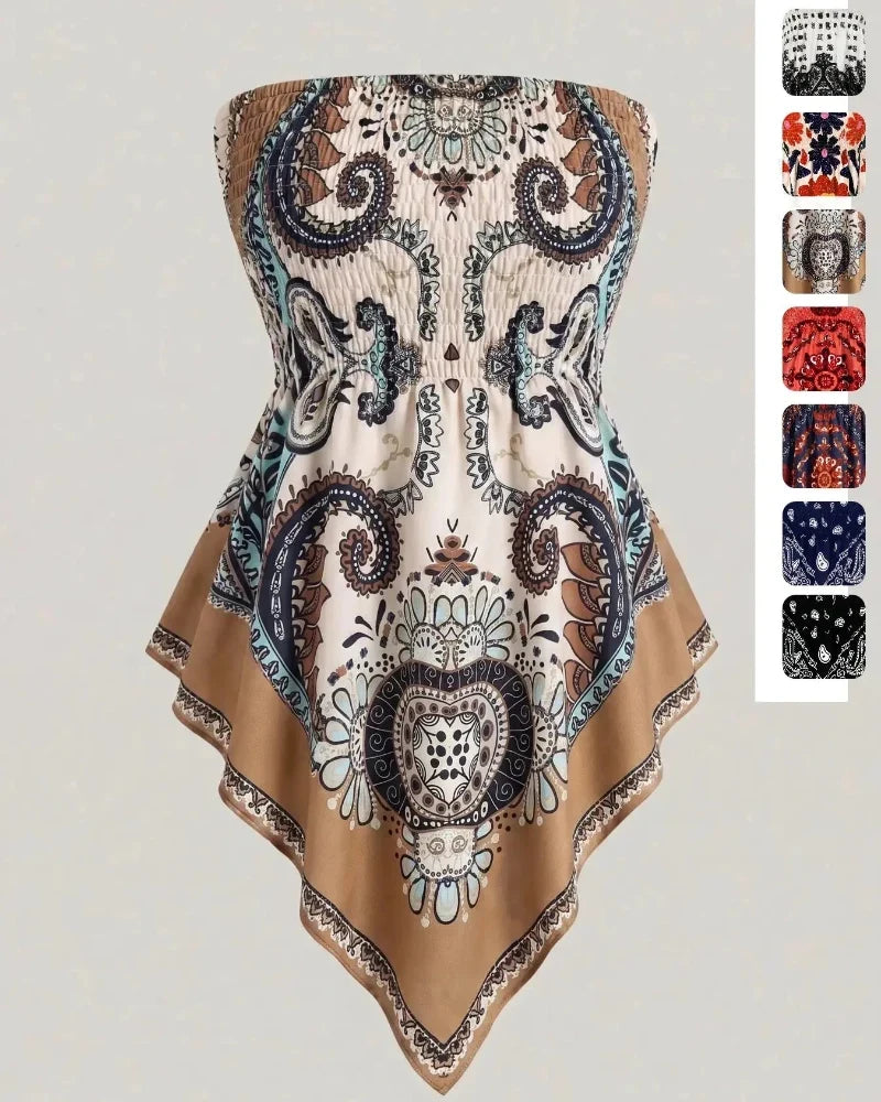 Boho Ethnic Print Tube Top Asym Hem