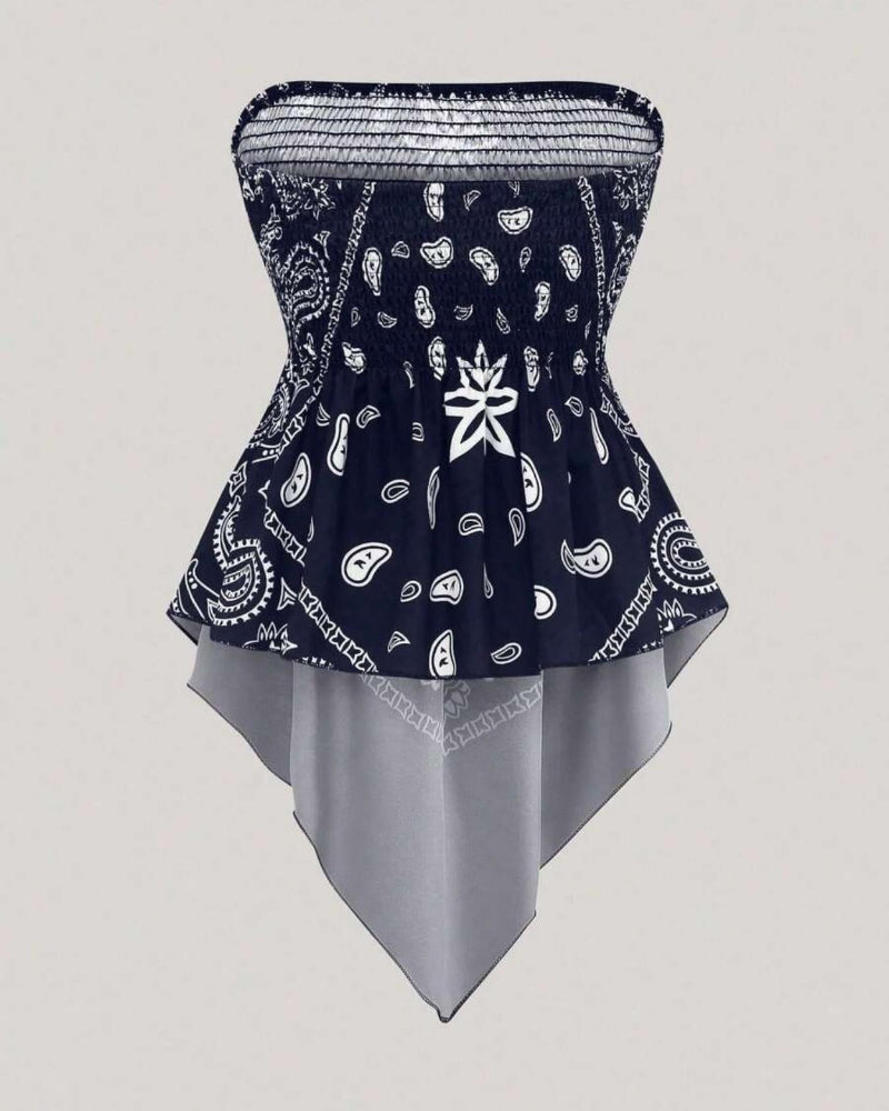 Boho Ethnic Print Tube Top Asym Hem