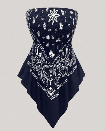 Boho Ethnic Print Tube Top Asym Hem