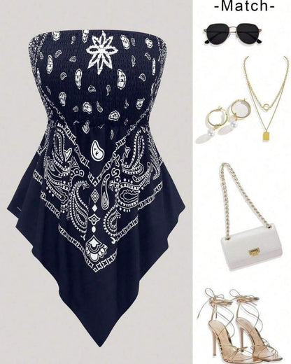Boho Ethnic Print Tube Top Asym Hem
