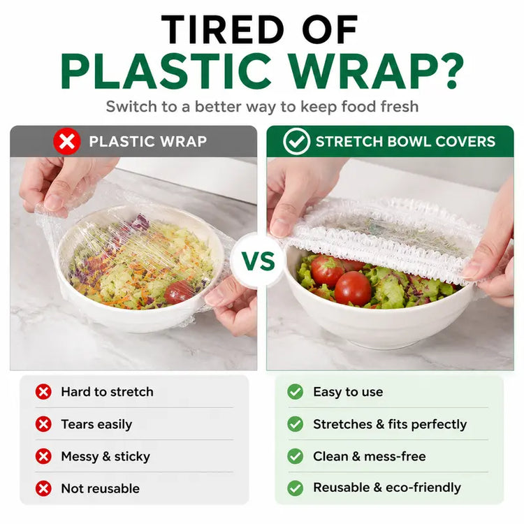 Stretch food covers compared with plastic wrap
