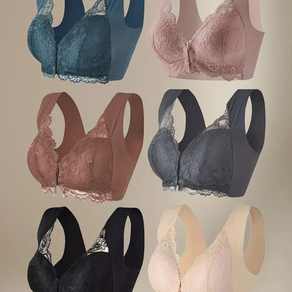 6 Pcs Women's Contrast Lace Front Hook Push-Up Bralettes - Wireless, Soft Breathable Fabric, V-Neck, Feminine Simple Basic Overall Comfort Undergarment for Everyday Wear