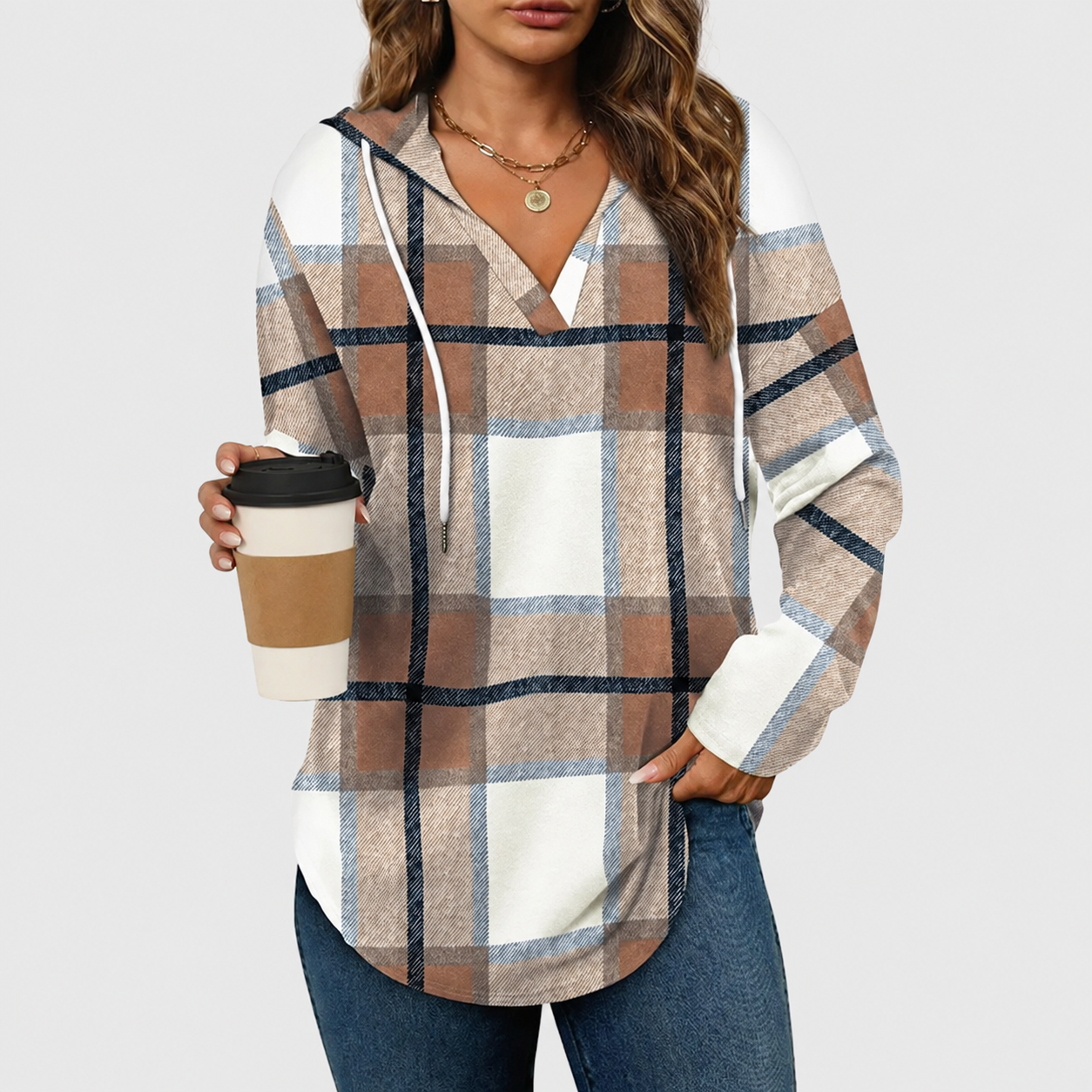 Relaxed V-Neck High-Low Tunic Hoodie
