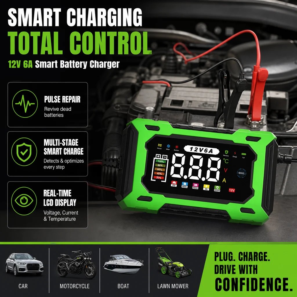 ⏳⏳Time-Limited Special⏰12V 6A Smart Car Battery Charger – Pulse Repair Technology, Auto Maintain & Desulfation