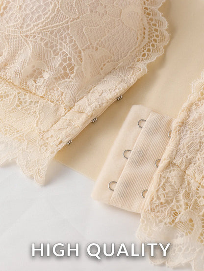6 Pcs Women's Contrast Lace Front Hook Push-Up Bralettes - Wireless, Soft Breathable Fabric, V-Neck, Feminine Simple Basic Overall Comfort Undergarment for Everyday Wear