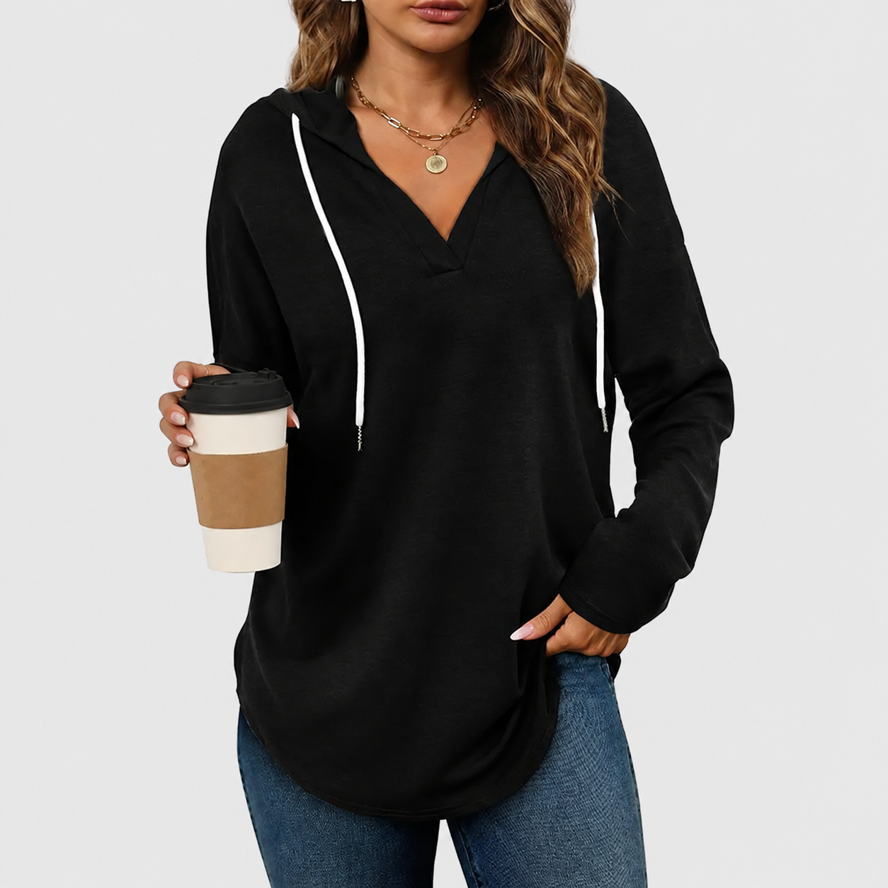 Relaxed V-Neck High-Low Tunic Hoodie