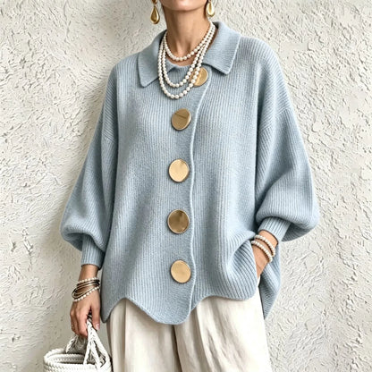 Women's French Knit Cardigan Metal Buttons Irregular Hem