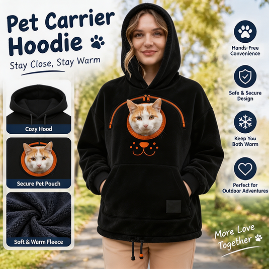 Woman wearing black warm pet carrier hoodie with cat pouch