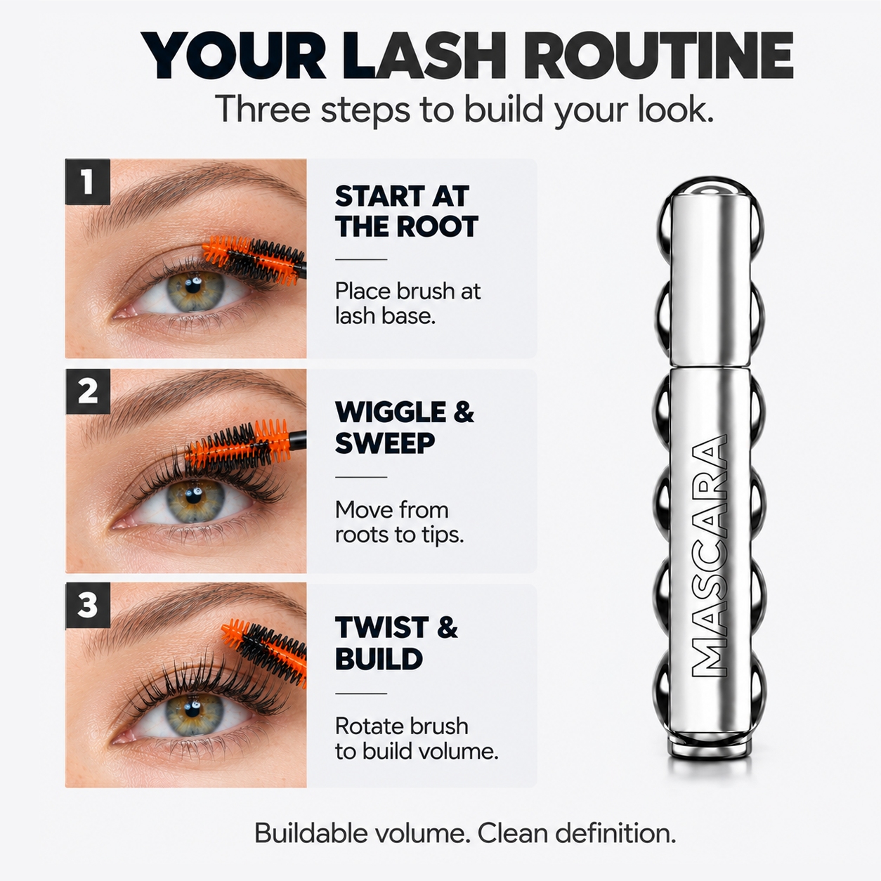 Mascara routine showing root application, sweeping and brush rotation