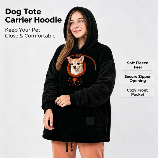 Black dog tote carrier hoodie with cozy pet pouch