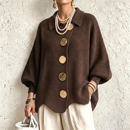 Women's French Knit Cardigan Metal Buttons Irregular Hem