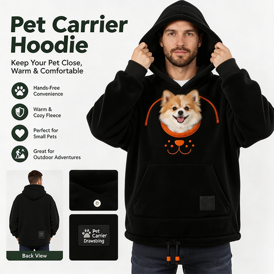 Black pet carrier hoodie with secure pet pouch and safety features