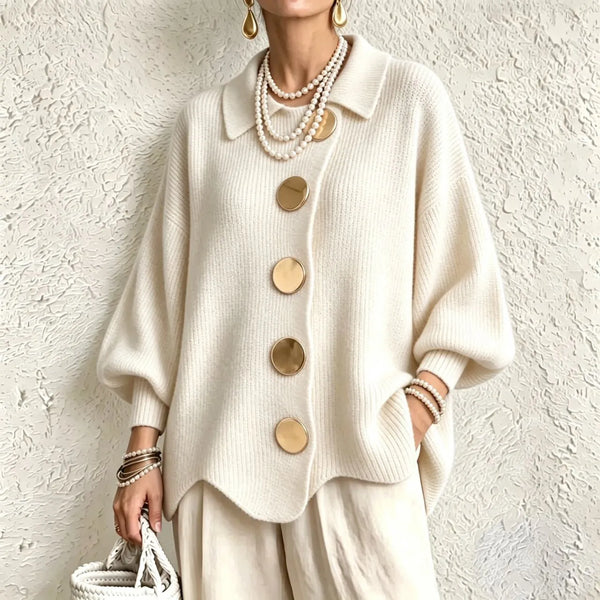 Women's French Knit Cardigan Metal Buttons Irregular Hem