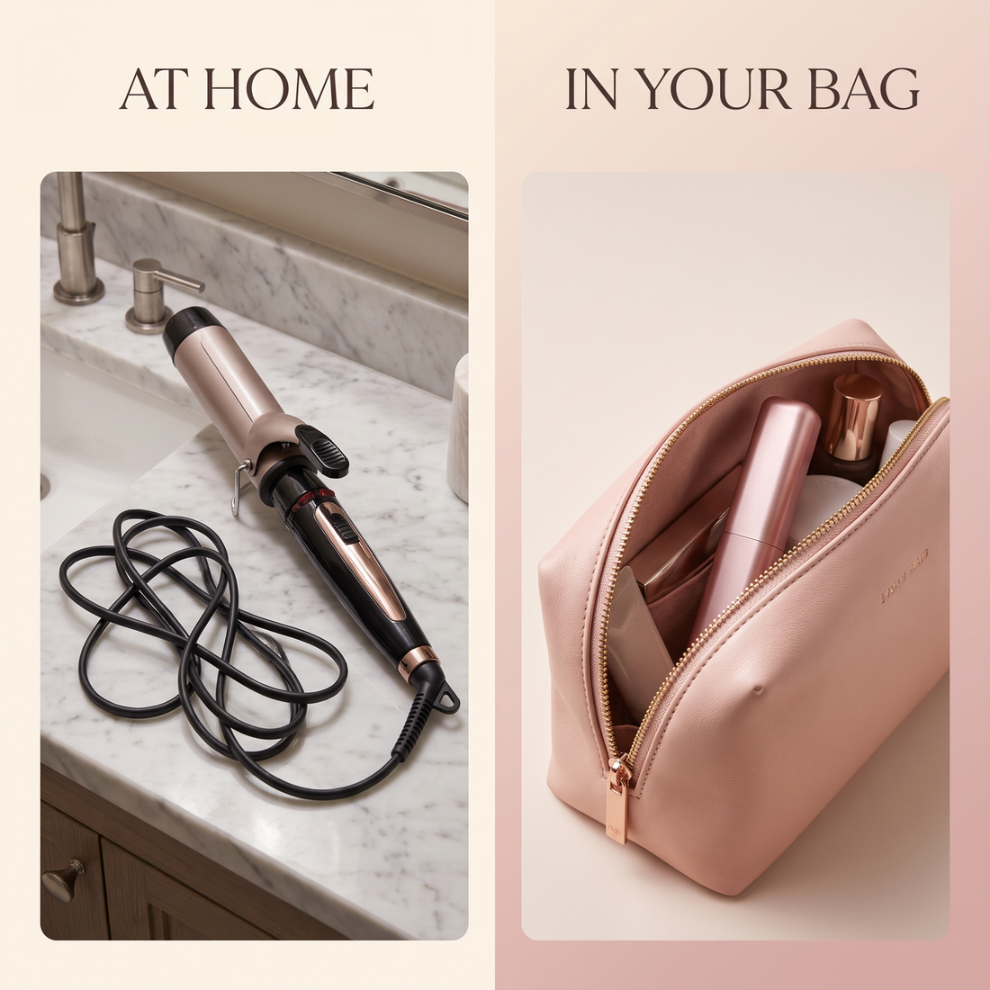 Regular curling iron at home versus compact styling tool in your bag
