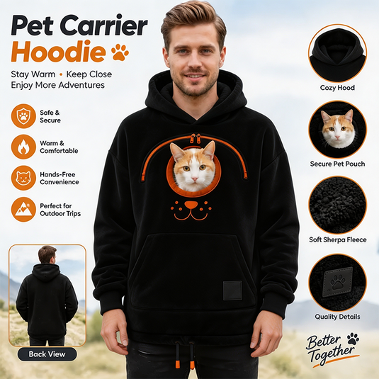 Black pet carrier hoodie featuring a front pet pouch