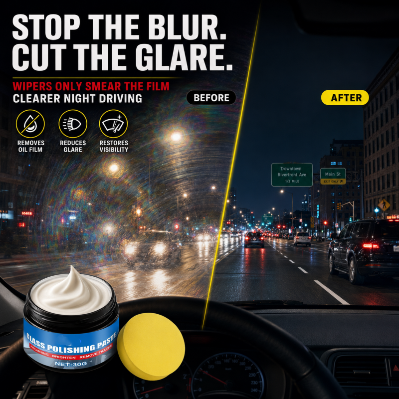 🚗Car Glass Oil Film Remover – Eliminates glare & wiper smears, repels rain. Night driving safer – see clearly in any weather