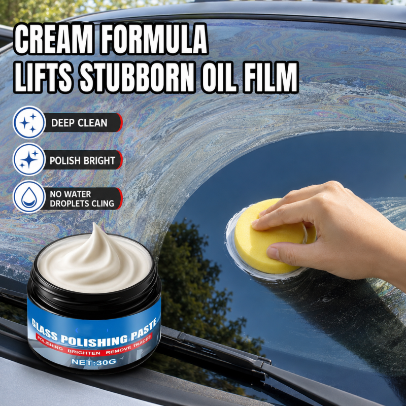 🚗Car Glass Oil Film Remover – Eliminates glare & wiper smears, repels rain. Night driving safer – see clearly in any weather