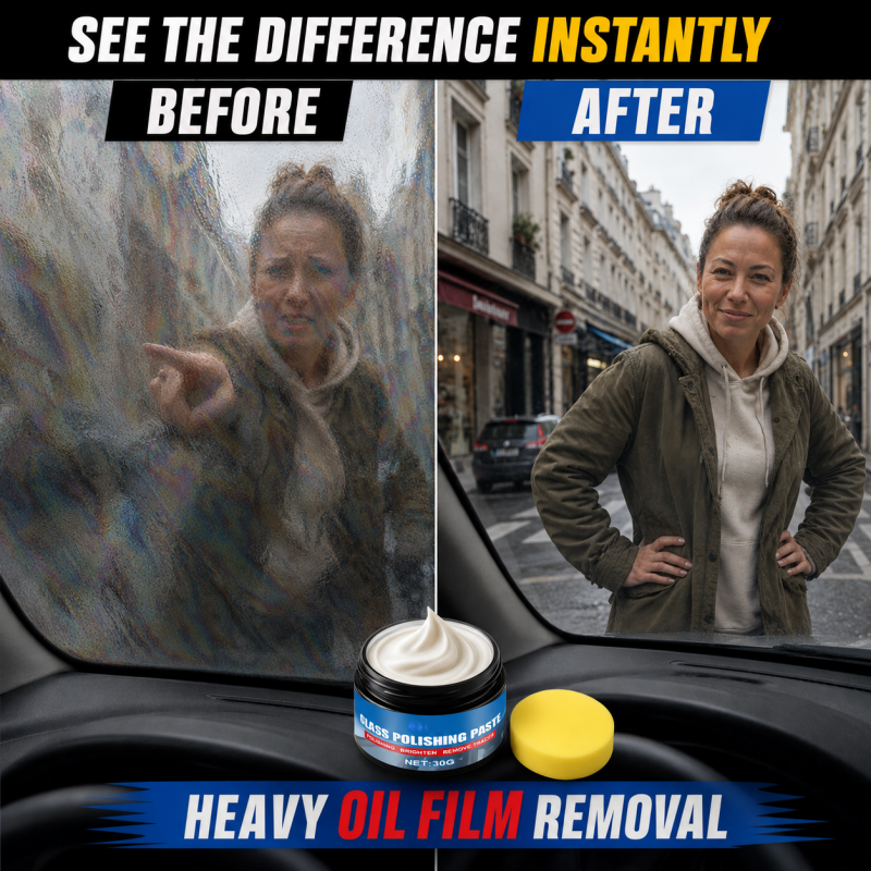 🚗Car Glass Oil Film Remover – Eliminates glare & wiper smears, repels rain. Night driving safer – see clearly in any weather