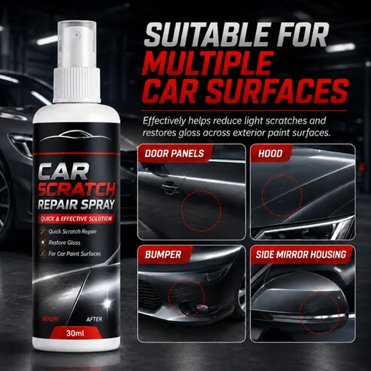 🚗Universal Car Scratch Repair Spray – Erases light scratches, swirl marks & scuffs fast.🛡️💨