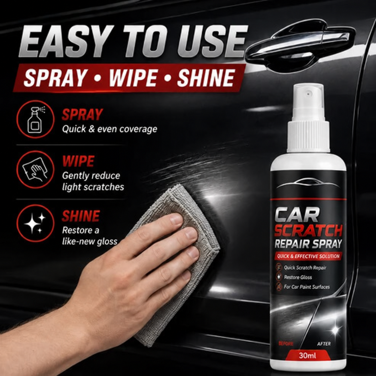 🚗Universal Car Scratch Repair Spray – Erases light scratches, swirl marks & scuffs fast.🛡️💨