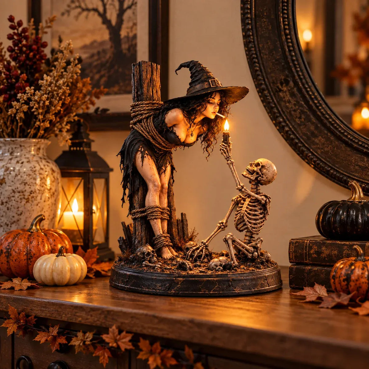 ⏳ 🖤 Light-Up Witch & Skeleton Gothic Figurine | Dark Halloween Tabletop Scene with Glowing Flame Detail 🔥