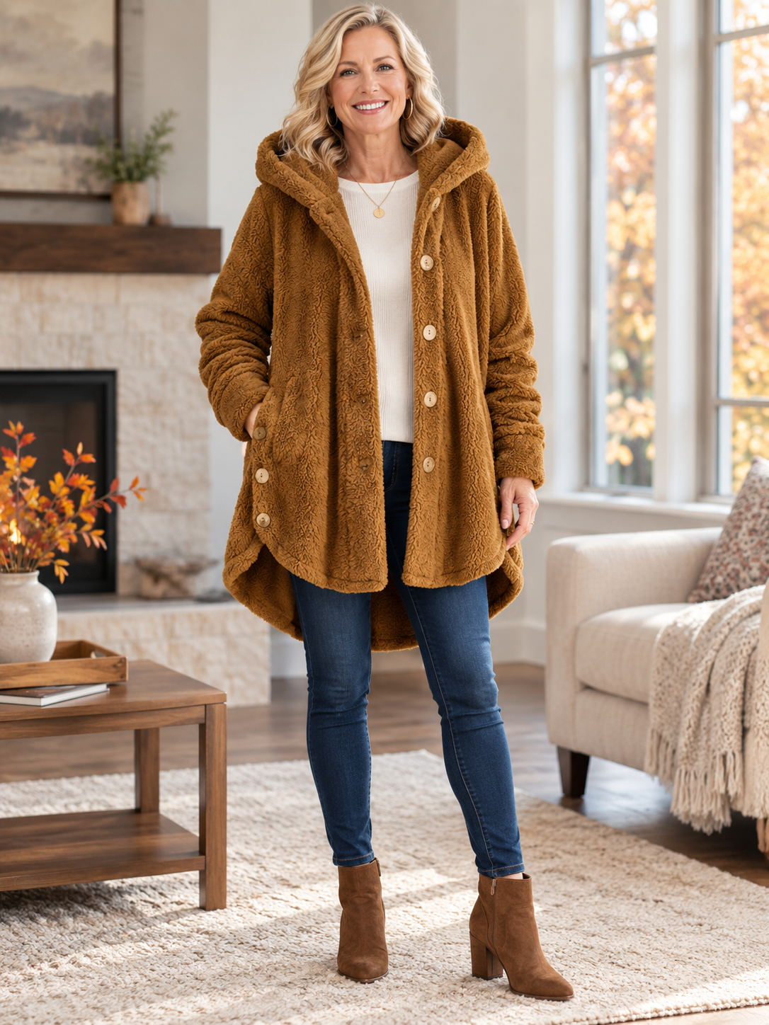 Women’s Cozy Plush Hooded High-Low Coat