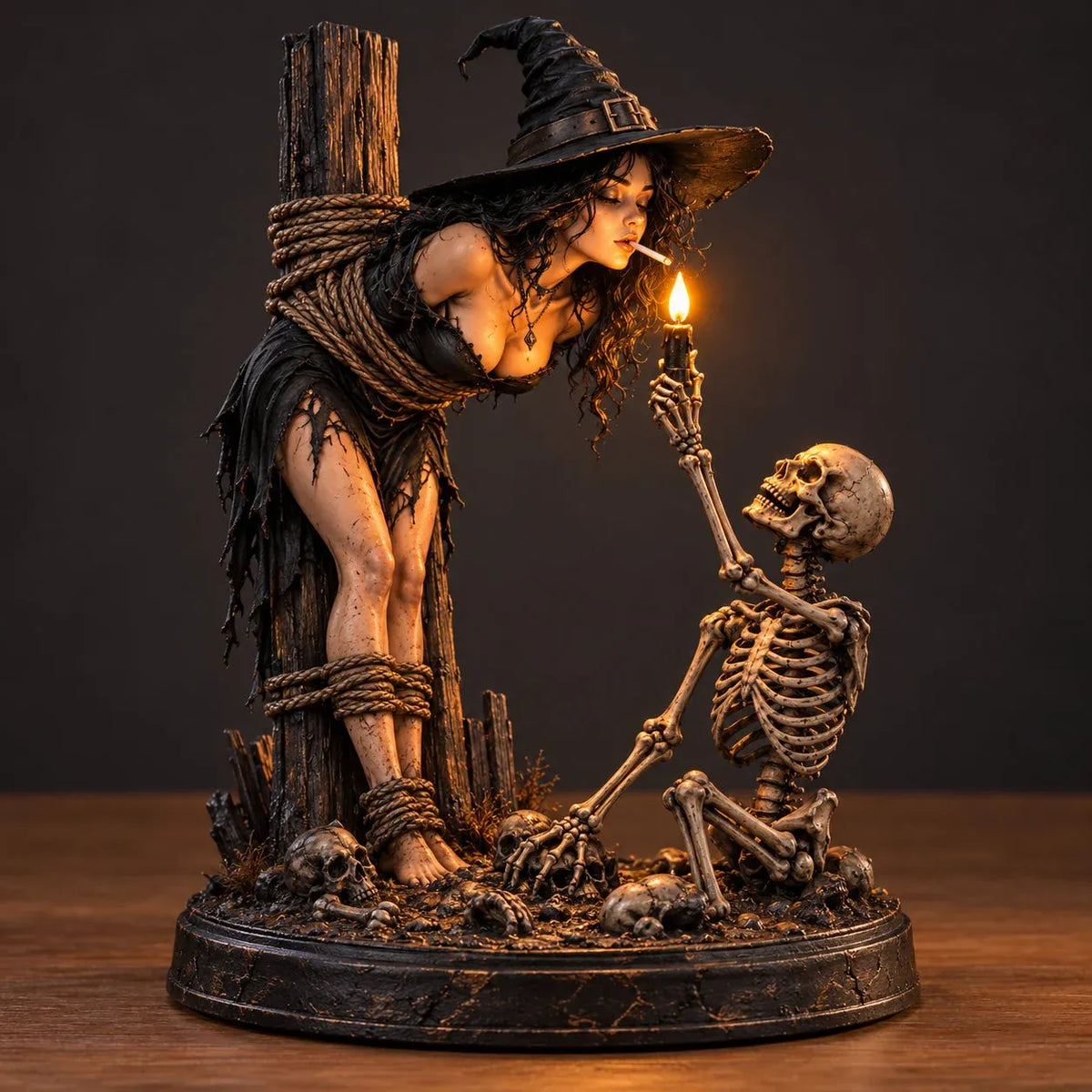 ⏳ 🖤 Light-Up Witch & Skeleton Gothic Figurine | Dark Halloween Tabletop Scene with Glowing Flame Detail 🔥