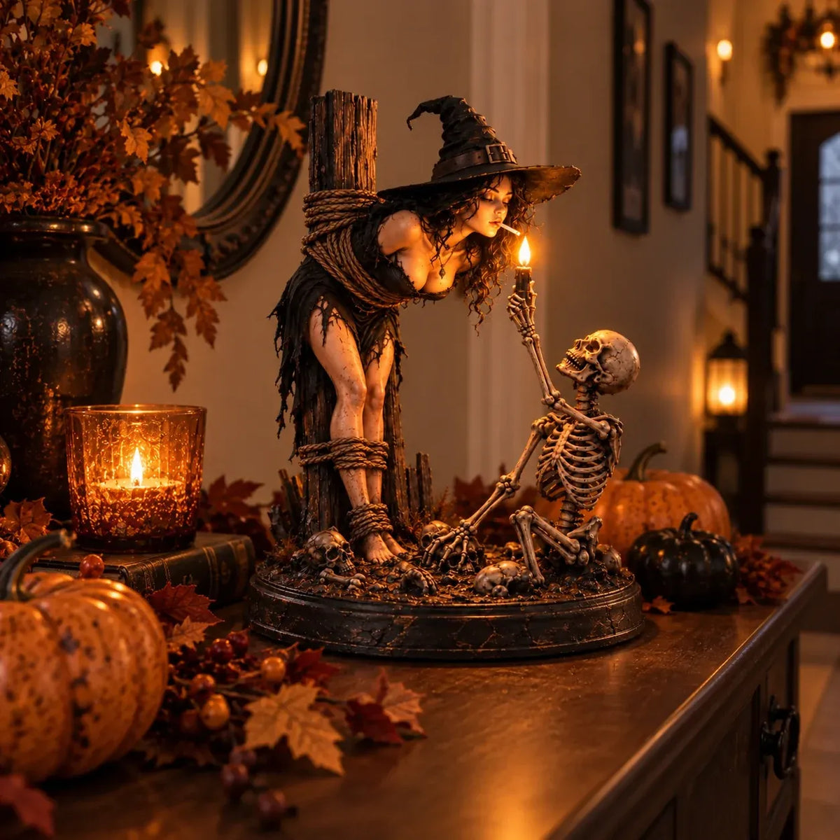 ⏳ 🖤 Light-Up Witch & Skeleton Gothic Figurine | Dark Halloween Tabletop Scene with Glowing Flame Detail 🔥