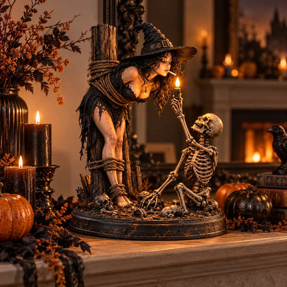 ⏳ 🖤 Light-Up Witch & Skeleton Gothic Figurine | Dark Halloween Tabletop Scene with Glowing Flame Detail 🔥
