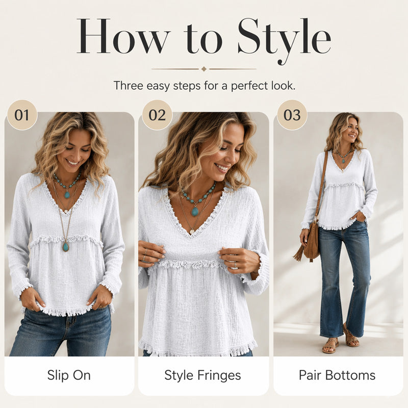 Women’s Boho V Neck Long Sleeve Fringe Top
