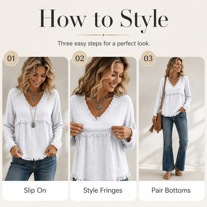 Women’s Boho V Neck Long Sleeve Fringe Top