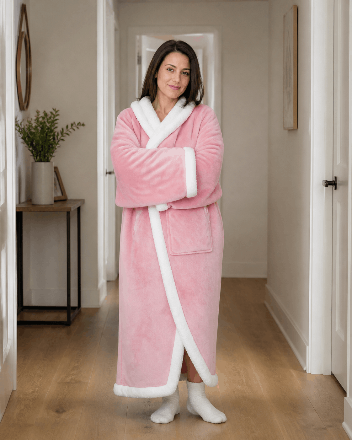 Woman relaxing at home wrapped in her Tkhotpick heated blanket, hands in the heated pockets